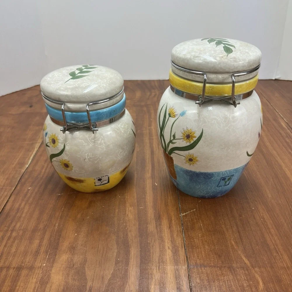 Oneida Sakura Casual Dining Floral Applique Ceramic Canister Jars Set of 2